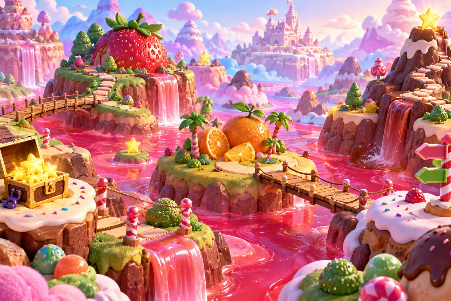An illustrated candy kingdom filled with glossy sweets and juicy fruit