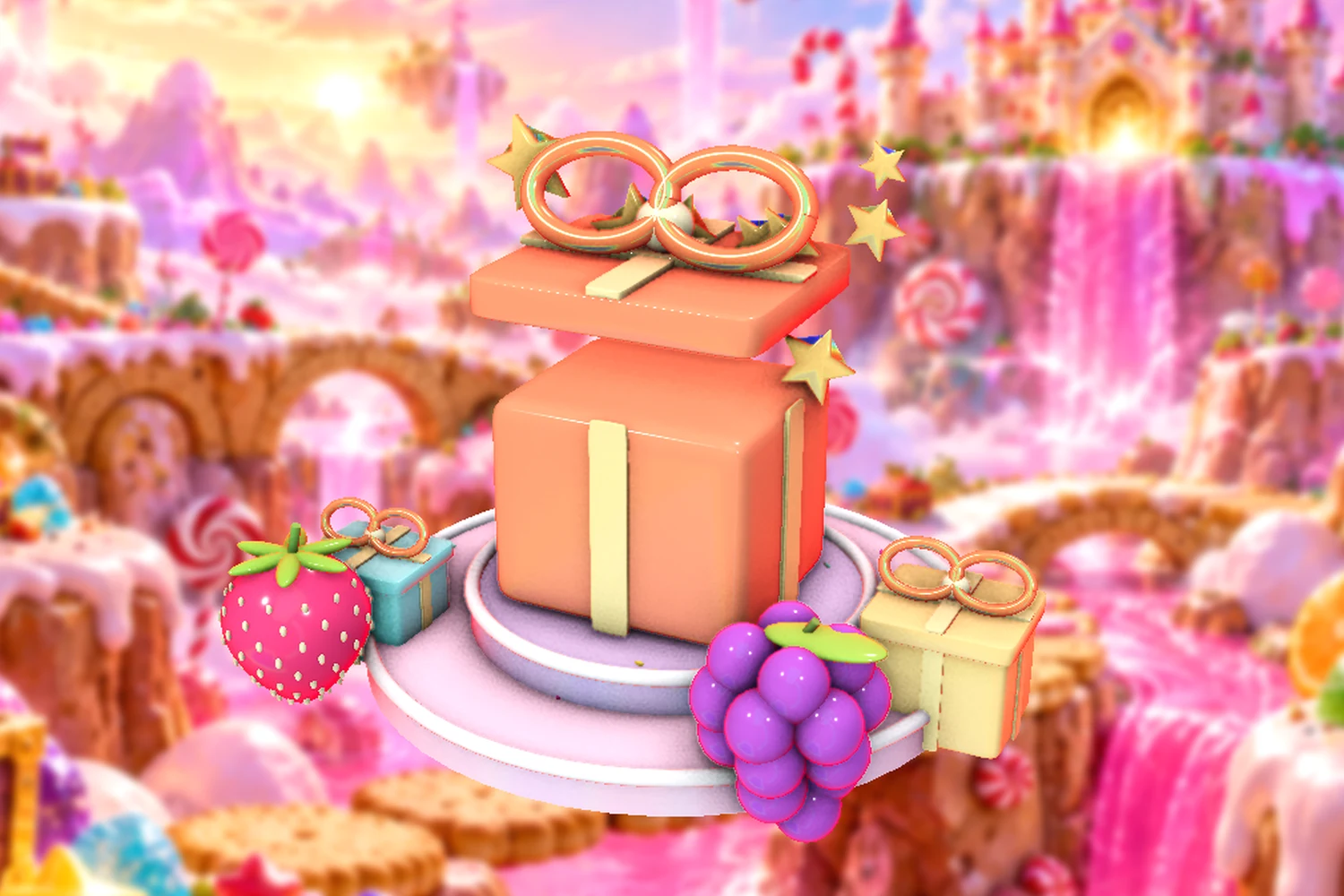 A dimensional candy celebration with wrapped presents and stars