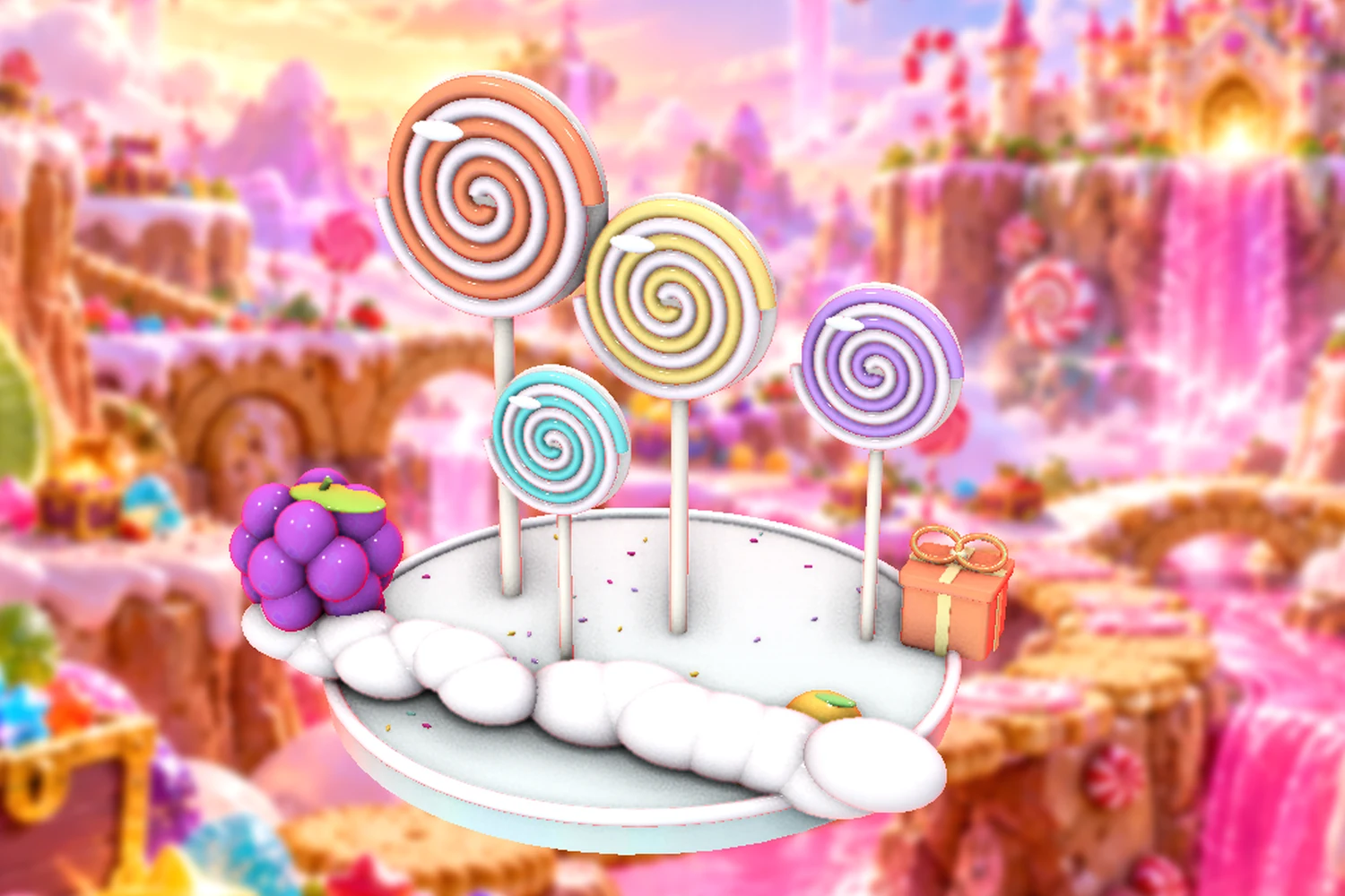 Glossy spiral lollipops, soft clouds and fruit sweets