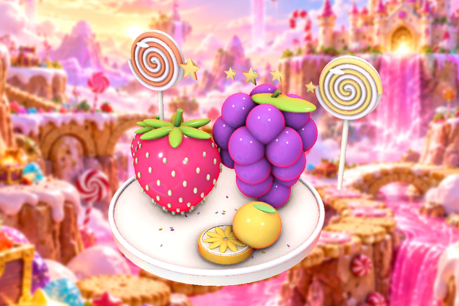 A colourful arrangement of berry sweets and shiny fruit